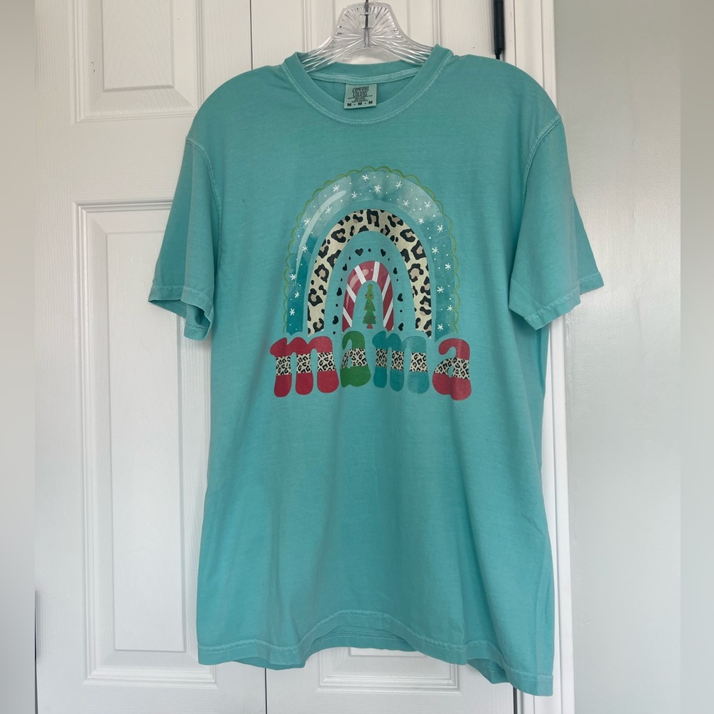 Medium Comfort Colors “Mama” Rainbow Christmas T-Shirt